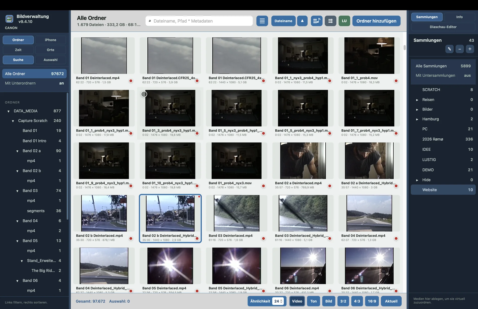 Bildverwaltung mit Video-Vorschauen im Raster, Ordnernavigation und Sammlungen.